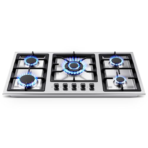 36 Inch Gas Cooktop, 5 Burner Gas Stove Top, Built in Stainless Steel 36 Inch Gas Hob with Thermocouple Protection, LPG/NG Convertible Propane Cooktop