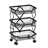 IROCH Fruit Basket for Kitchen,3 Tier Foldable Vegetable Storage Cart with Wheels,Movable Shelf Unit
