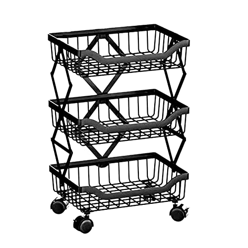 Iroch Fruit Basket For Kitchen,3 Tier Foldable Vegetable Storage Cart With Wheels,Movable Shelf Unit Organizer For Kitchen Pantry Bathroom Garage Office #TOP18
