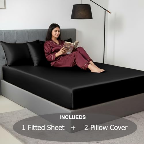 Image of Soft and Silk Satin Fitted Bedsheet for Single Size 36X75 +12 in - Elastic Fitted Sheet 400 TC Hotel Collection for Bedroom | Fitted Sheet with Pillow Cover - Black, Single Bed