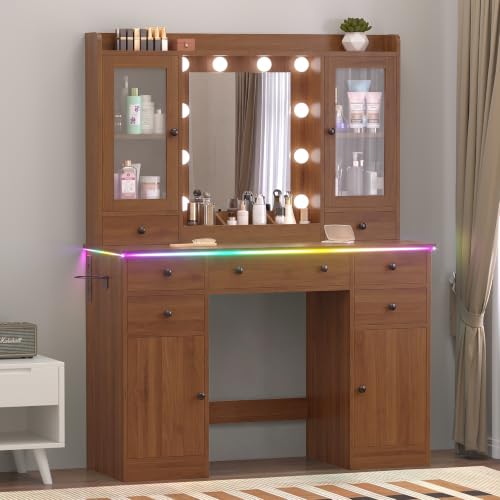 Image of Vanity Desk with Mirror and Lights, 43 inch Makeup Vanity Set with 5 Drawers & Glass Cabinets, Makeup Tray, Power Outlet & Adjustable LED Lights, Dressing Table for Women & Girls Bedroom, Walnut