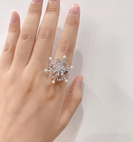 Spinner CZ Pearl Snowflake Fidget Statement Ring for Women - Dainty Crystal Winter Flower Rotated Relief Anxiety Finger Band Adjustable Open Wedding Engagement Promise Rings Delicate Christmas Jewelry3
