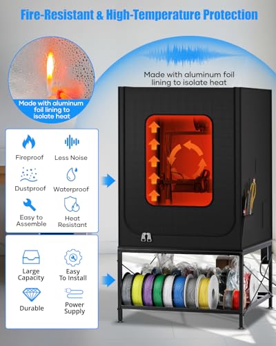 Image of 3D Printer Table with Enclosure - Heavy Duty 3D Printing Workstation with 2-Tier Filament Storage Rack, Waterproof & Constant Temperature Cover with LED Light Fits Most FDM Printers