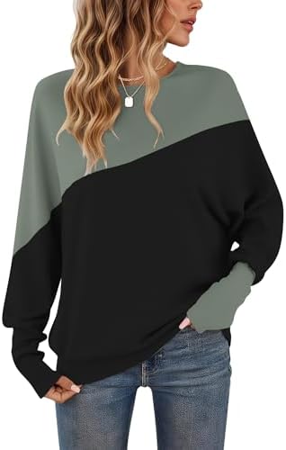 WNEEDU Langarmshirt Damen ColorBlcok Fledermausärmel Herbst Pullover Damen | Patchworkfarbe Zweifarbig Sweatshirt Damen Lässig Farbblock Oberteile damen Enge Manschetten