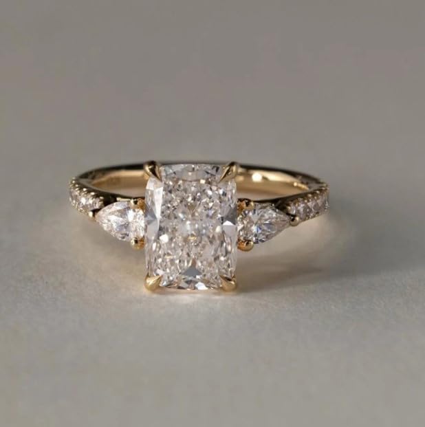 2.5 Carat Elongated Cushion Cut Diamond Engagement Ring, Three Stone Diamond Ring, Side Pear Cut Engagement Ring,14 kt Gold plated Wedding Gift,Gifted for Her.size 3-12 (USA)2