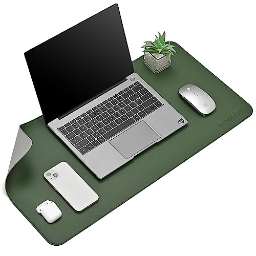 Image of AROPANA Vegan Leather Desk Mat | Large Reversible Mouse Pad & Computer Table Protector | Dual-Side Waterproof Extended Laptop Pad with Edge-Stitched Design (70 x 35 CM, Deep Green & Grey)