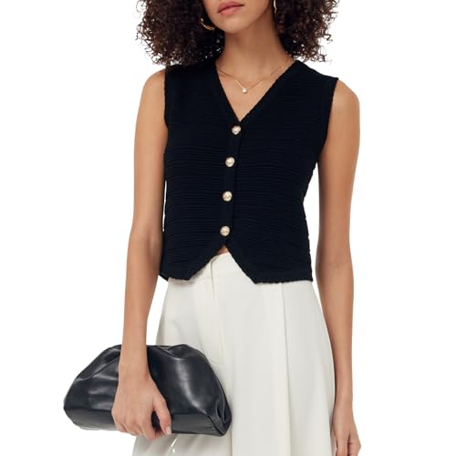Image of Women's Striped Cropped Knit Vest - Sleeveless V Neck with Gold Buttons, Business Casual Multi-Season Layering Top