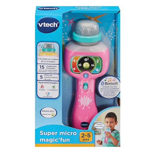 VTech - Super Micro Magic'Fun Rose, Microphone Karaoké Enfant sans Fil, Micro Bluetooth Lumineux Qui Modifie la Voix et Change de Couleur, Jouet Musical, Cadeau Enfant Dès 2 Ans - Contenu en Français