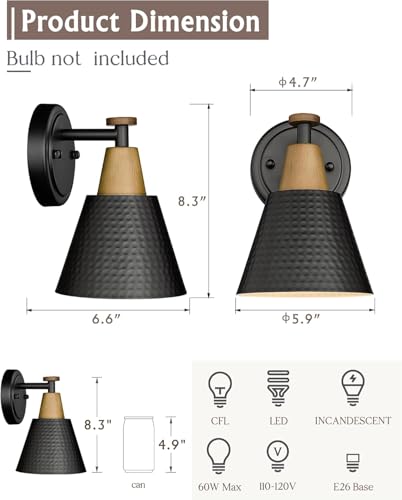 Image of FEMILA Wall Sconces Set of 2, 1-Light Matte Black Bathroom Light Fixtures, Modern Single Vanity Light Wall Lamp with Hammered Metal Shade, 4FG59B-2 BK