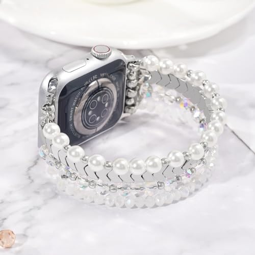 Image of MOFREE Beaded Bracelet Compatible for Apple Watch Band 38mm 40mm 41mm 42mm 44mm 45mm Women,Fashion Handmade Elastic Stretch Strap for iWatch Series SE 8 7 6 5 4 3 2 1