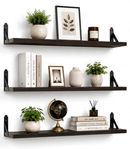 Image of Decazone Floating Shelves for Wall Storage Set of 3, MDF Board Bookshelves for Living Room, Bedroom, Kitchen, Office Sturdy Wall-Mounted Display, Bookcase, Decor (Wenge, Wide- 20 inch)
