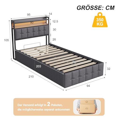 Polsterbett 90x200 cm, LED Einzelbett mit Staufach-Kopfteil und USB-Anschlüssen, Jugendbett 90x200 mit Hydraulischer Stauraum, Gästebett Funktionsbett Stauraumbett Bettgestell mit Lattenrost,Leinen – Bild 3
