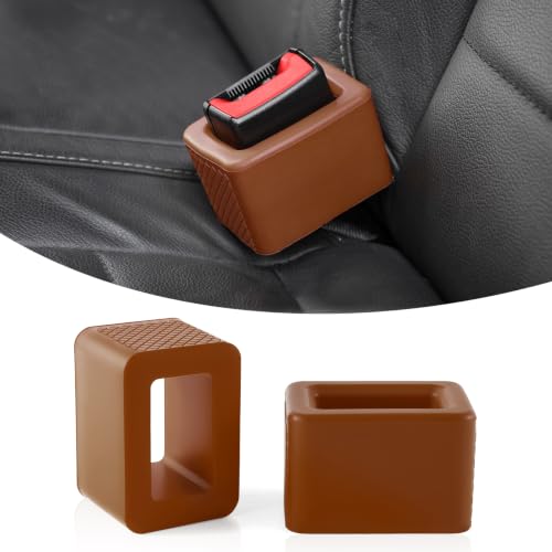 Image of Amiss 2PCS Seat Belt Buckle Holder, Universal Silicone Rear Seat Belt Booster & Fixer for Easy Access, Keeping Receptacle Upright, Car Interior Accessories-Fits Most Cars (Brown)