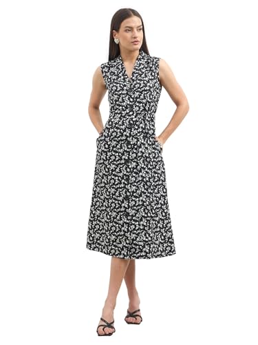 Image of Salt Attire Women's Black Floral Midi Dress | Sleeveless Fit and Flare Western | Button Down Dress with Notched Collar & Side Pockets | Moss Crepe Polyester Casual with Tie-Up Belt