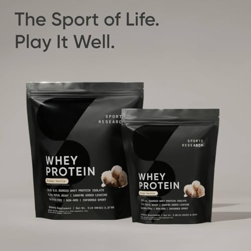 Image of Sports Research Whey Protein Isolate - Sports Nutrition Protein Powder 25g per Serving - 2.06lb Bag Whey Protein - Vanilla Flavor - Bulk Protein Powder, 26 Servings