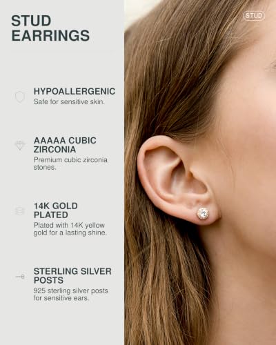 Image of PAVOI 14K Gold Plated 925 Sterling Silver Post Brilliant Round Faux Diamond Halo Earrings - Premium Cubic Zirconia