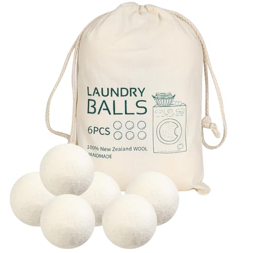Tumble Dryer Balls Reusable Wool Laundry Balls Natural Fabric Softener Pack of 6 Organic Wool Dryer Balls for Reduce Drying Time and Clothing Wrinkles