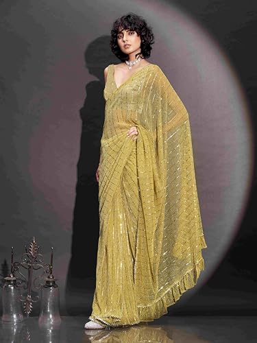 Womanista Women's Women Ready To Wear Saree Ll Women Lycra Saree Ll Women Pre Draped Saree Ll Women One Minute Saree Ll Un-Stitched Blouse Saree, Mustard