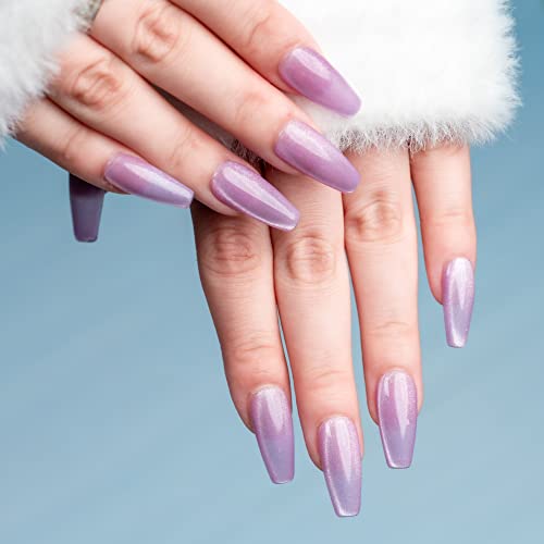 Sun&Beam Nails Handmade Press-On Medium Long Coffin Ballerina with Lavender Purple Cat Eye Design Charm Cute False Nail Tips 10 Pcs (#85 XS) - Image 3