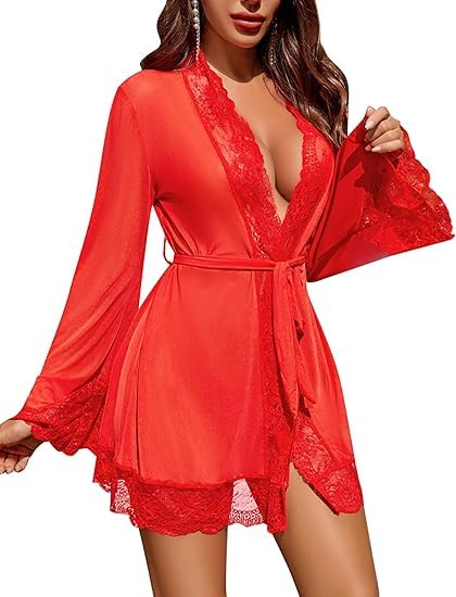 Women's Sheer Lace Mesh Robe, Long Bell Sleeve, See-Through Nightwear Cover-Up with Belt for Bridal, Honeymoon, Bedroom