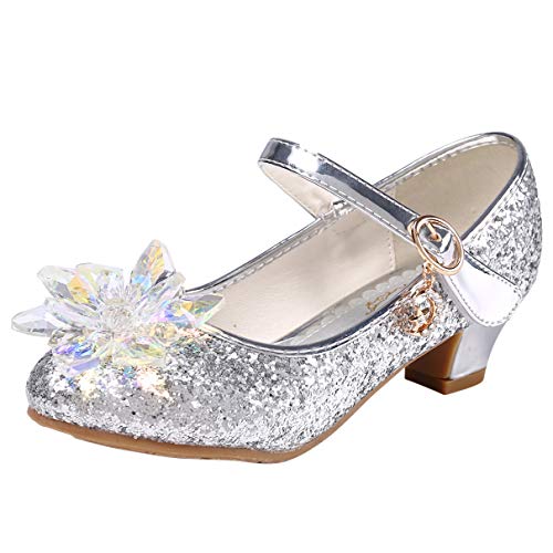 Eleasica Fille Cristal Fleur Chaussures de Princesse Reine des Neiges Elsa Anna Talons Plats Paillettes Déguisement Argenté Bleu Rose Doux Halloween Noël Anniversaire Carnaval Cosplay