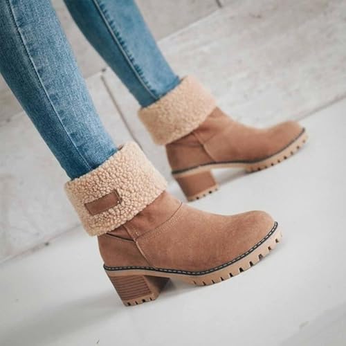 CLOUDEMO Winter Boots for Women, Women's Chunky Heel Round Toe Snow Boots, Seniors' Chunky Heel Winter Boots, Comfortable Mid Chunky Heel Suede Warm Fur Lined Boots2