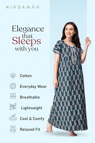 Image of NIHSAMAH Cotton Nighty for Women with Pocket, Premium Printed Long Nighty | Comfortable & Fancy Sleepwear /Nightwear
