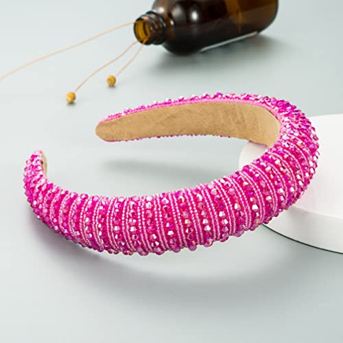 Wiggins hair Full Crystal Luxurious Edition Hairbands Bling Bling Rhinestone Bejewelled Padded Headband For Women Bridal (Rose Red)