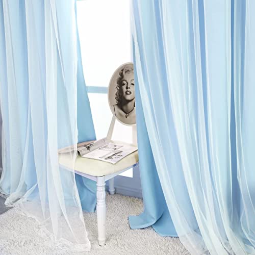 Image of Blue Curtains 90 inch Length 2 Panels Set - Double Layered Blackout Curtain Drapes with White Sheer Voile and Lace Hem for Kids /Girls Bedroom Living Room Nursery (52x90 inch, Sky Blue)