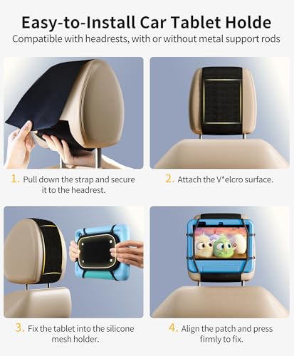 FANGOR Car Headrest Mount Holder, Tablet Holder for Kids in Back Seats, Anti-Slip Strap and Holding Net,Angle-Adjustable/Fits All 7 Inch to 10.5 Inch Tablets