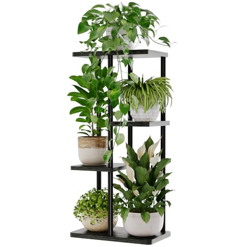 Bamworld Porta Piante da Interno ed Esterno per Balcone – Fioriera Verticale in Metallo e Legno con 4 Ripiani – Disponibile in Nero – Portavasi Decorativo – Scaffale Piante – Arredo Giardino
