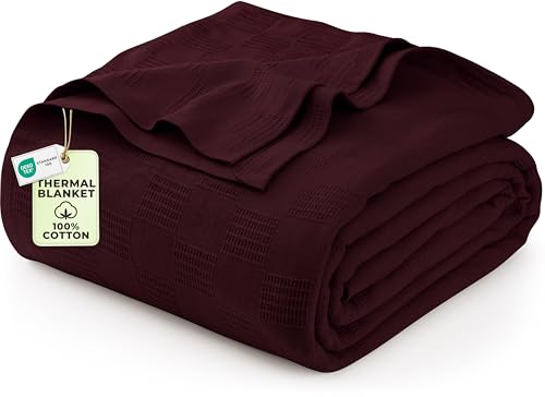 Image of Utopia Bedding 100% Cotton Thermal Blanket Burgundy Twin Size Soft, Lightweight, Breathable, Cozy Spring and Summer Blanket for Couch and Sofa, Home Room Decor Gifts for Women and Men (90x72 Inches)
