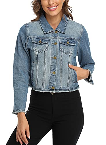 Anienaya Jean Jacket Women’s Frayed Washed Button Up Cropped Denim Jacket w 2 Side Pockets4