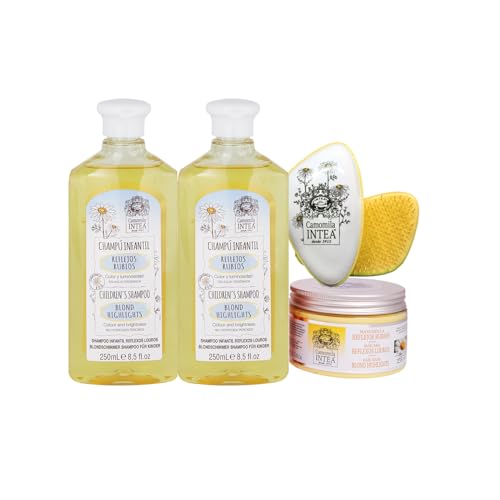 Camomila Intea - 2 Champús Infantiles Reflejos Rubios 250 ML + Mascarilla Reflejos Rubios 250 ML + Cepillo Antienredos y antitirones