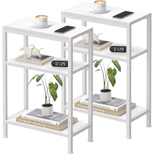 Homedawn Narrow Side Table Set of 2 for Small Space, 3 Tier Slim End Table, Thin Nightstand, Skinny Snack Couch Table, Sofa Bedside Table in Living Room, Bedroom, Study, Kitchen and Balcony (White)