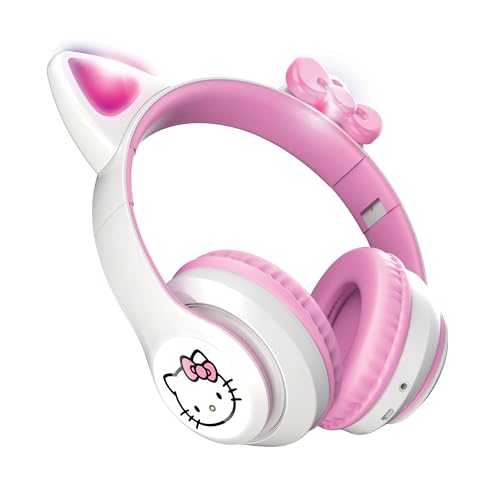 Hello Kitty Wireless Bluetooth Light-Up Headphones with Foldable Design, Adjustable Headband, 8 Hours Playtime, LED Kitty Earcups, for Kids & Adults (White)