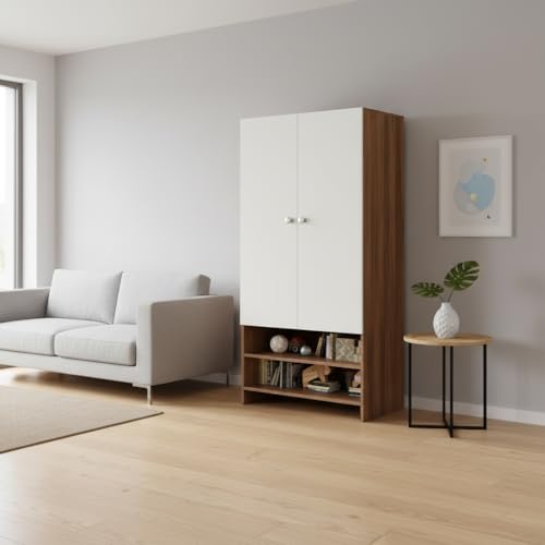 Image of FURNEASER YSH Engineered Wood Wardrobe Almirah for Clothes with 2 Doors & Open Shoe Rack | Wooden Closet Cabinet Organizer for Bedroom Living Room | Storage Cupboard (Exotic Teak & White 2)