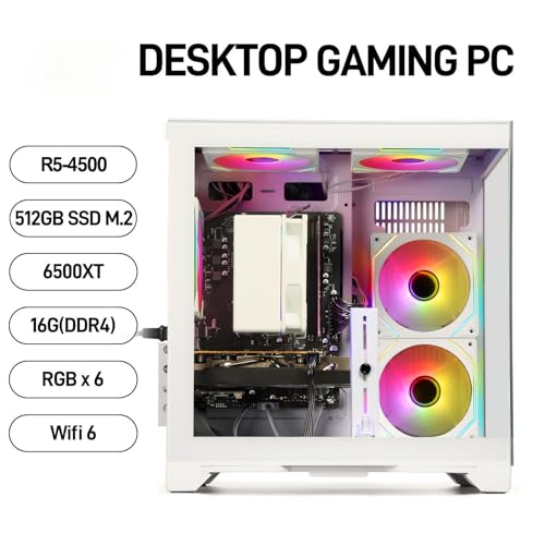 Image of Gaming PC Desktop Computer - Ryzen 5 4500, Radeon RX 6500XT 4GB, 16GB DDR4 RAM, 512GB NVME SSD, Prebuilt Tower for 1080P Gaming, Streaming, School & Home Office (White)