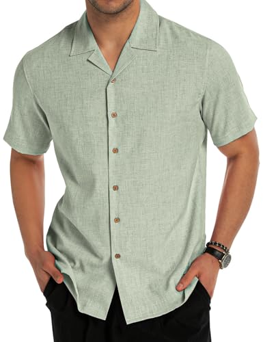 Tmeefee Linen Shirts for Men Casual Short Sleeve Button Down Shirt Cool Summer Beach Wedding Vacation Tops Green