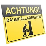 PRINTIMA Warnschild "ACHTUNG! Baumfällarbeiten" 32x21cm – Hinweisschild aus Kunststoff mit Montagedübeln – Sicherheitskennzeichnung Forstarbeiten, Waldarbeiten, Motorsäge