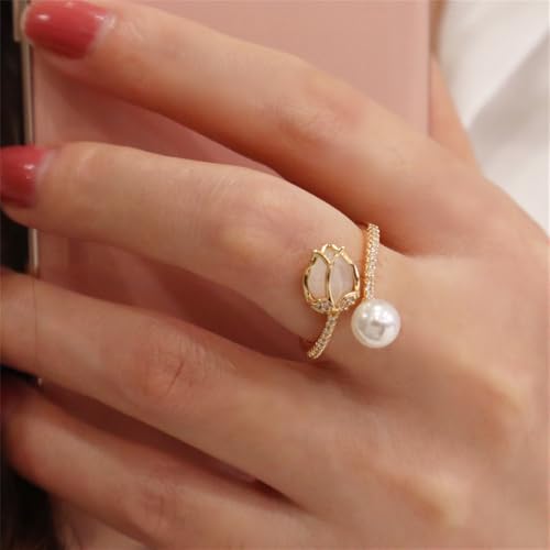 Dainty CZ Tulip Flower Stacking Adjustable Ring for Women Gold Plated Rose Wedding Promise Expandable Open Wrap Rings Comfort Fit Elegant Engagement Birthday Jewelry Gift2