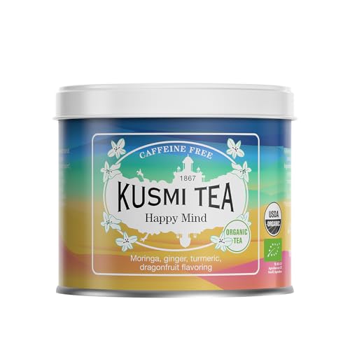 Kusmi Tea - Happy Mind - Té Orgánico - Mezcla de Plantas Orgánicas, Especias y Manzana con sabor a Fruta del Dragón y Limón - Tisana Orgánica sin Teína - Lata de Té de 100g para aprox. 50 tazas