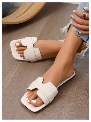 OYOANGLE Women's Square Open Toe Leather Slide Sandals Single Band Summer Dressy Slides4