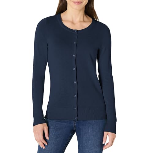 Amazon Essentials Women's Lightweight Crewneck Cardigan Sweater (Available in Plus Size), Navy, Medium