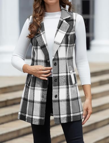 Mywinway Plaid Vest for Women Sleeveless Fall Winter Long Blazer Jackets Trendy Cardigan Outerwear Wool Coat2