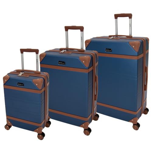 Image of SKYFLITE Retro 3-Piece Trolley Case Set, 55cm/67cm/77cm, ABS Hardshell Spinner Luggage, Black/Blue/Pine Green (Blue)