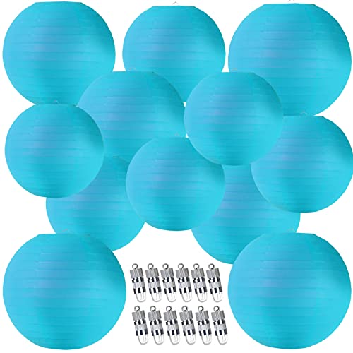 12pcs Sky Blue Paper Lanterns with 12pcs White LED Lights, 6