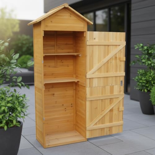 Mucola Gerätehaus mit 2 integrierten Regalböden 79x49x190 cm Geräteschuppen Gartenschrank aus Holz Geräteschrank Gartenhaus Gartengerätehaus
