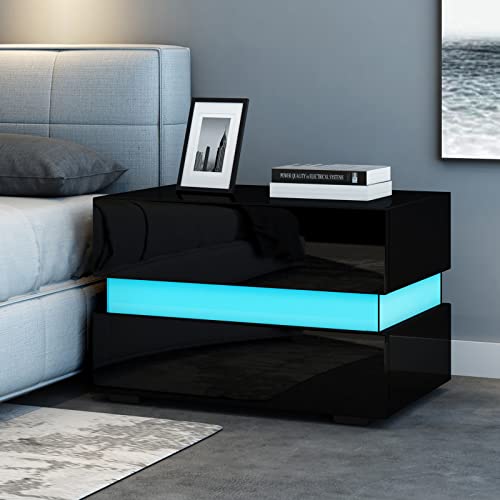 Moderner Nachttisch mit RGB LED, Hochglanz Nachttisch, Kommode mit 2...