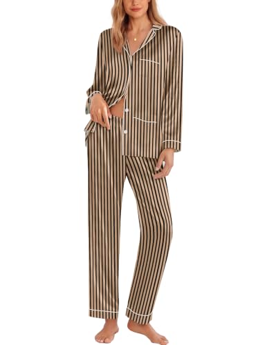 Image of Ekouaer Pajamas for Women Silk Satin Button Down Long Sleeve Pajama Sets